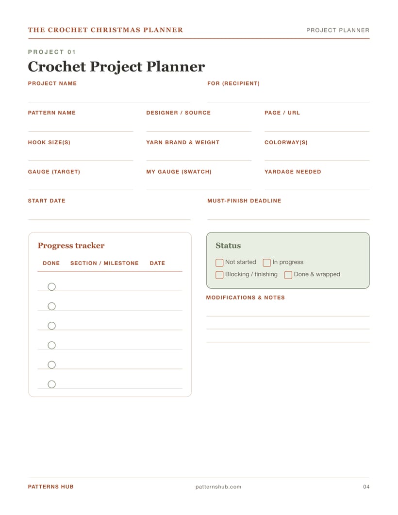 Crochet project planner page with pattern, yarn, hook, gauge and progress tracker