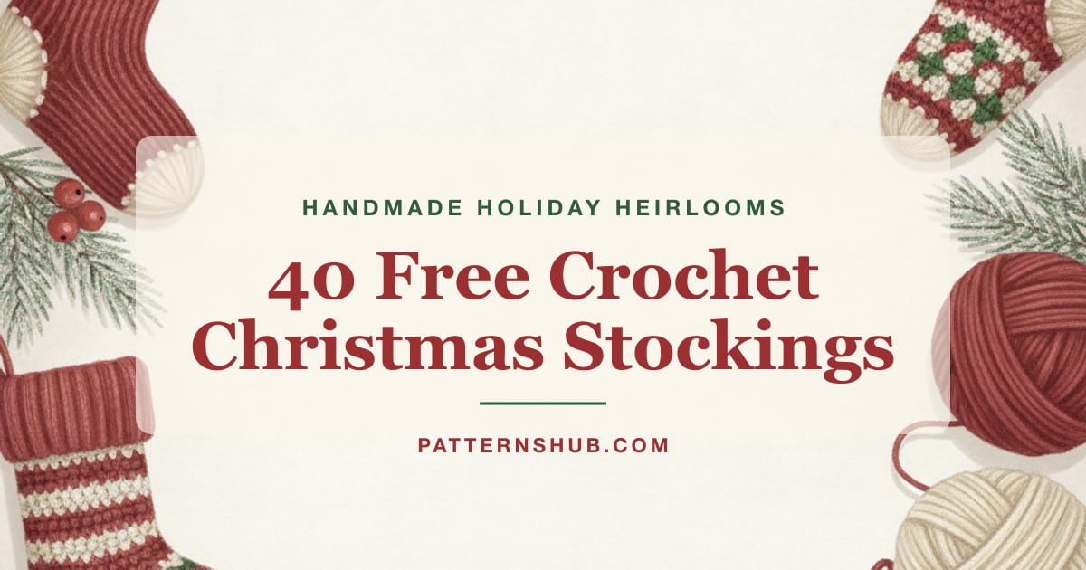 Illustrated crochet Christmas stocking patterns roundup card