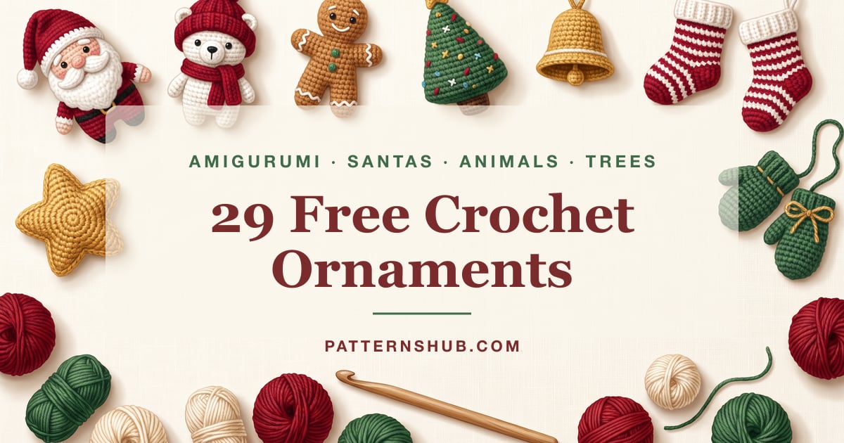 Illustrated free crochet amigurumi Christmas ornament patterns roundup card