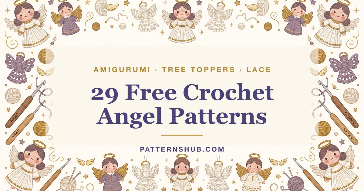 Illustrated crochet angel patterns roundup card