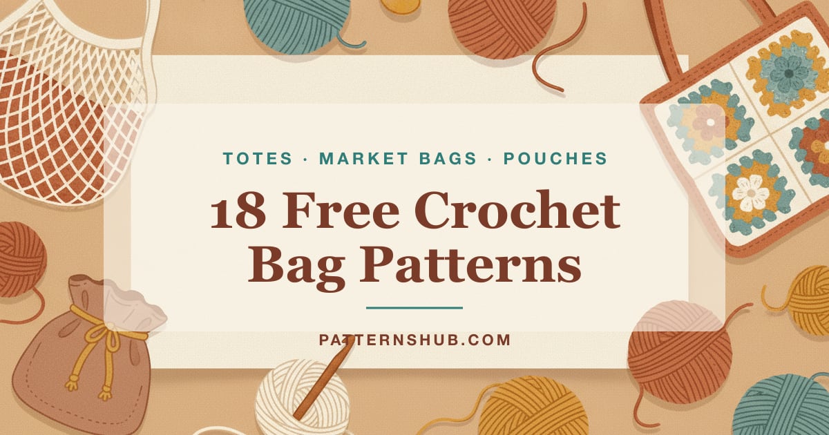 Illustrated crochet bag patterns roundup card with a market tote, granny-square bag and drawstring pouch