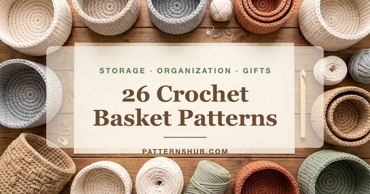 Illustrated crochet basket patterns roundup card