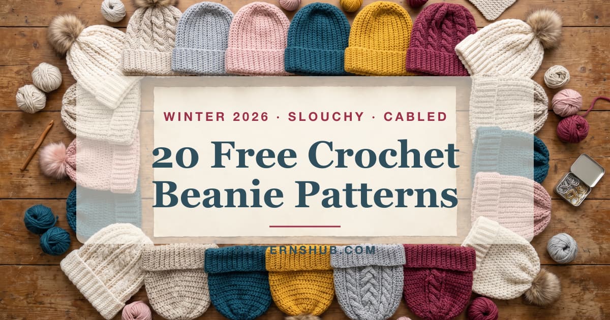 Illustrated crochet beanie patterns roundup card