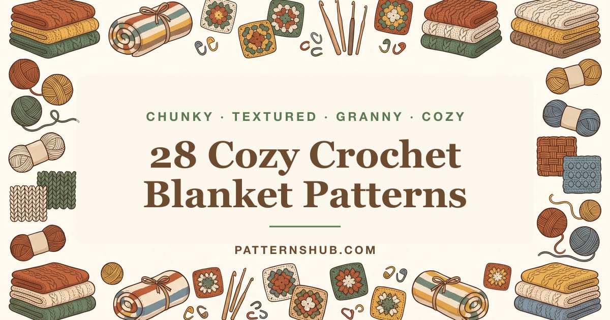 Illustrated cozy crochet blanket patterns roundup card