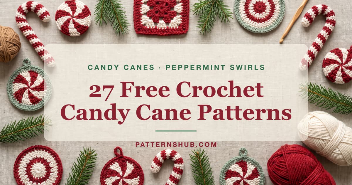 Illustrated crochet candy cane and peppermint patterns roundup card