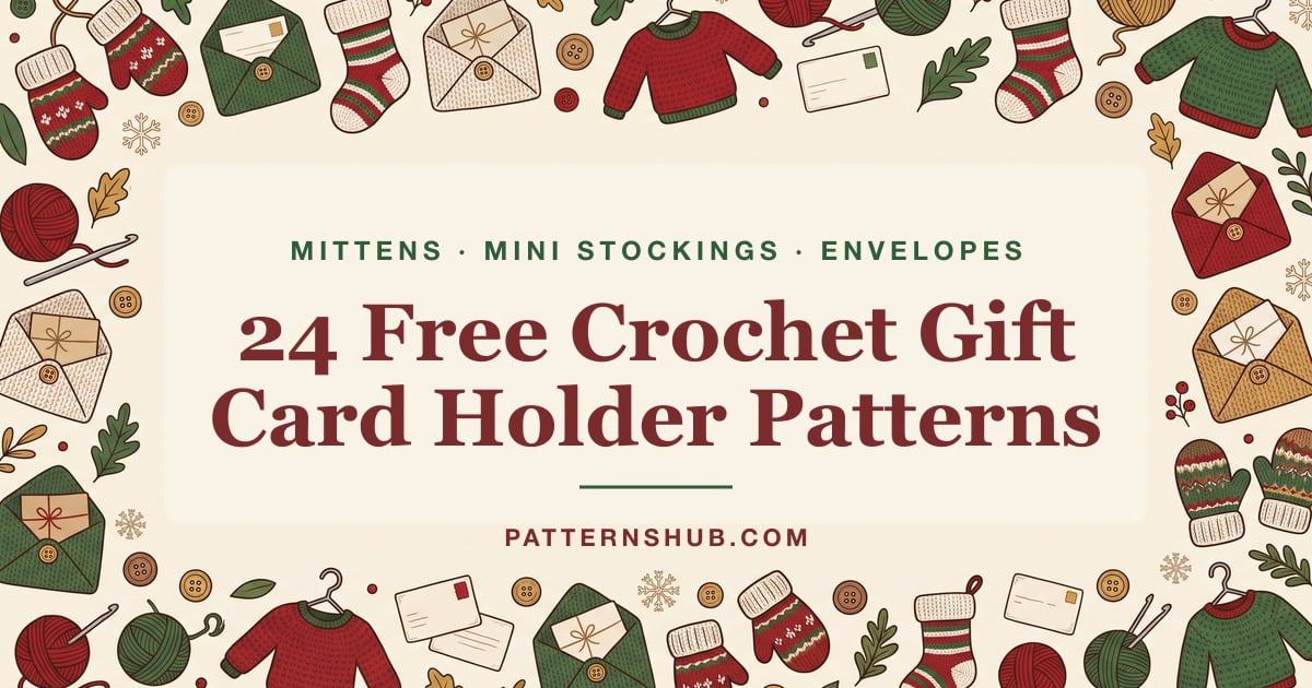 Illustrated free crochet Christmas gift card holder patterns roundup card