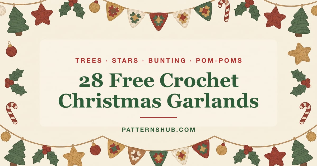Illustrated crochet Christmas garland patterns roundup card