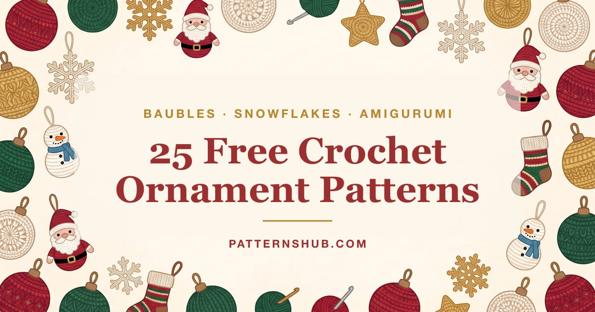 Illustrated crochet Christmas ornament patterns roundup card