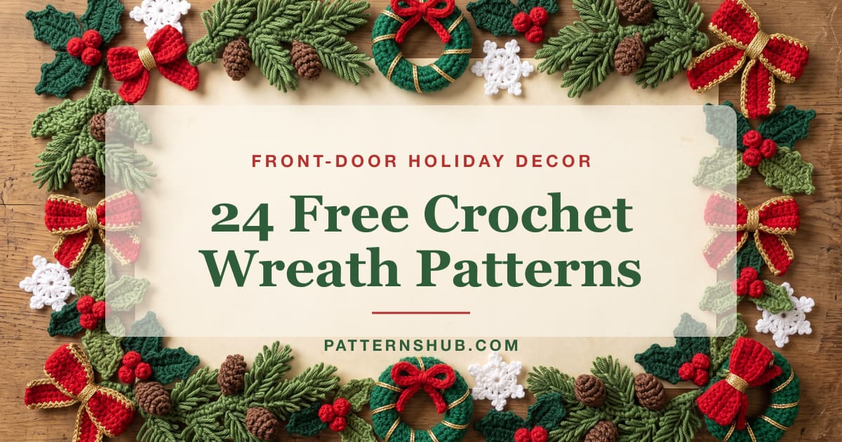 Illustrated crochet Christmas wreath patterns roundup card