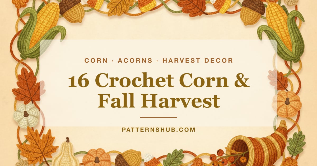 Illustrated crochet corn and fall harvest patterns roundup card