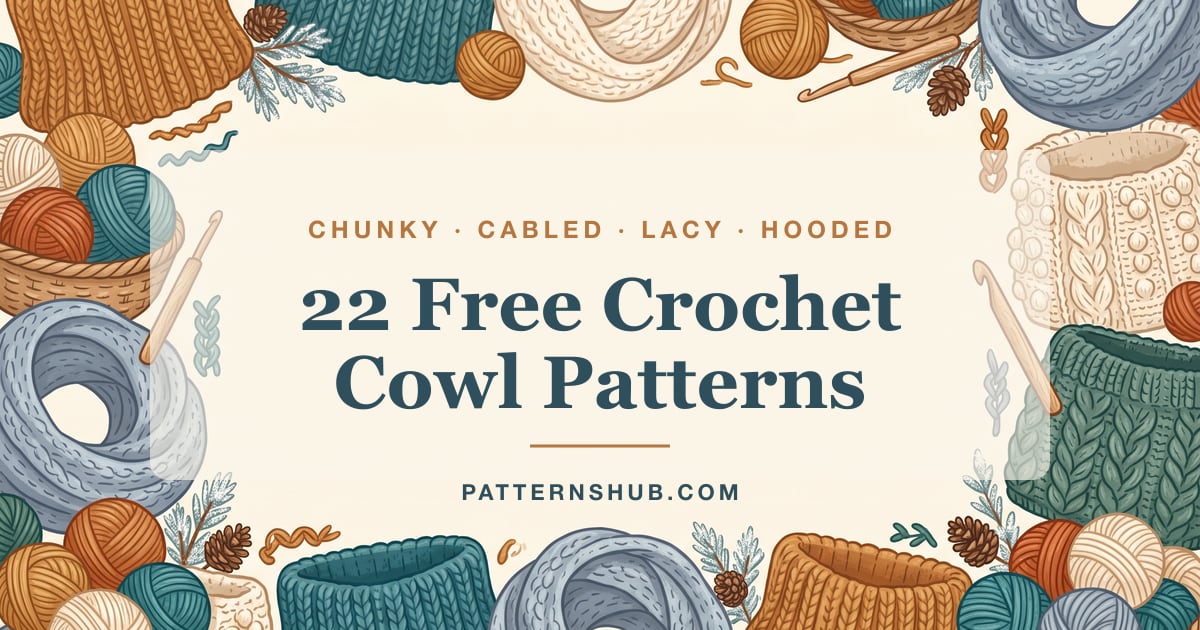 Illustrated crochet cowl and infinity scarf patterns roundup card