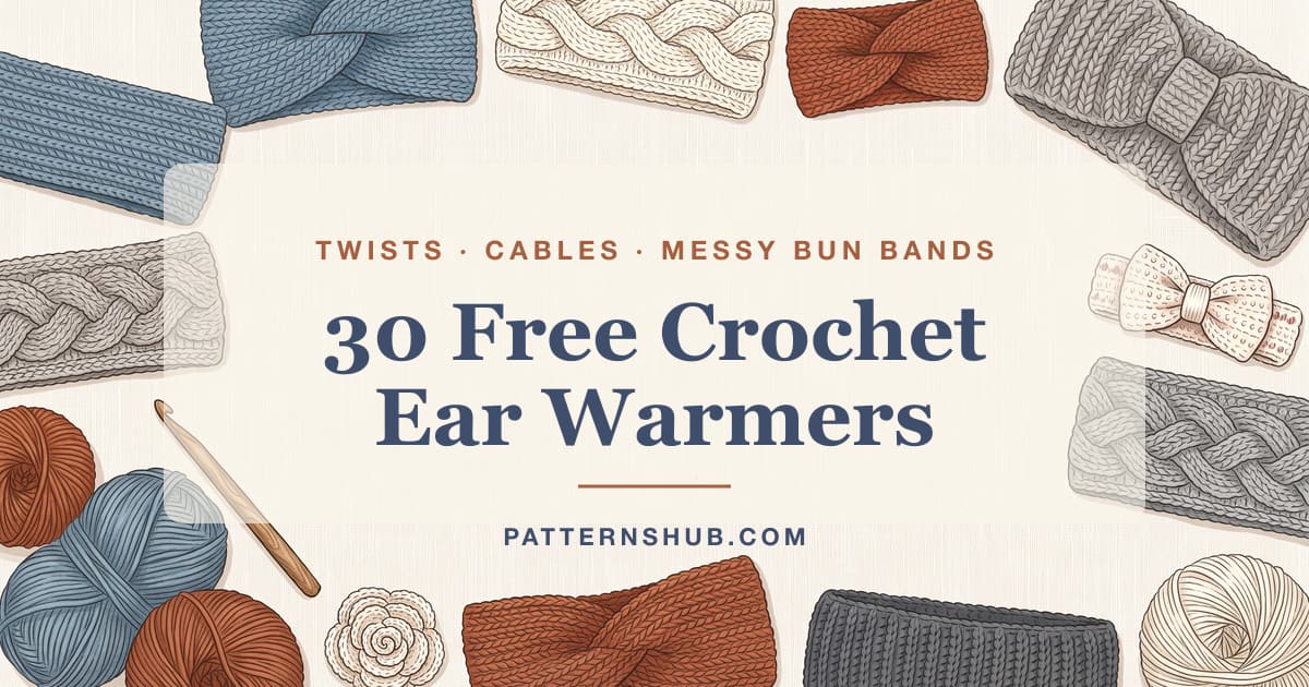 Illustrated crochet ear warmer and headband patterns roundup card