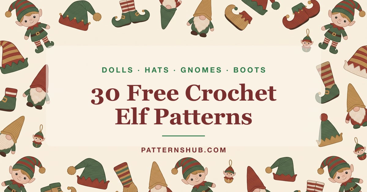 Illustrated crochet elf patterns roundup card