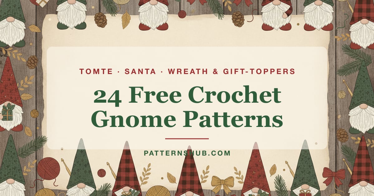 Illustrated crochet Christmas gnome patterns roundup card