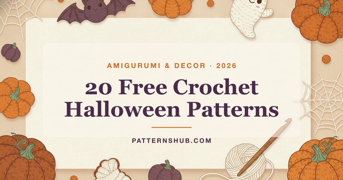 Illustrated crochet Halloween patterns roundup card with amigurumi pumpkins, a ghost and a bat