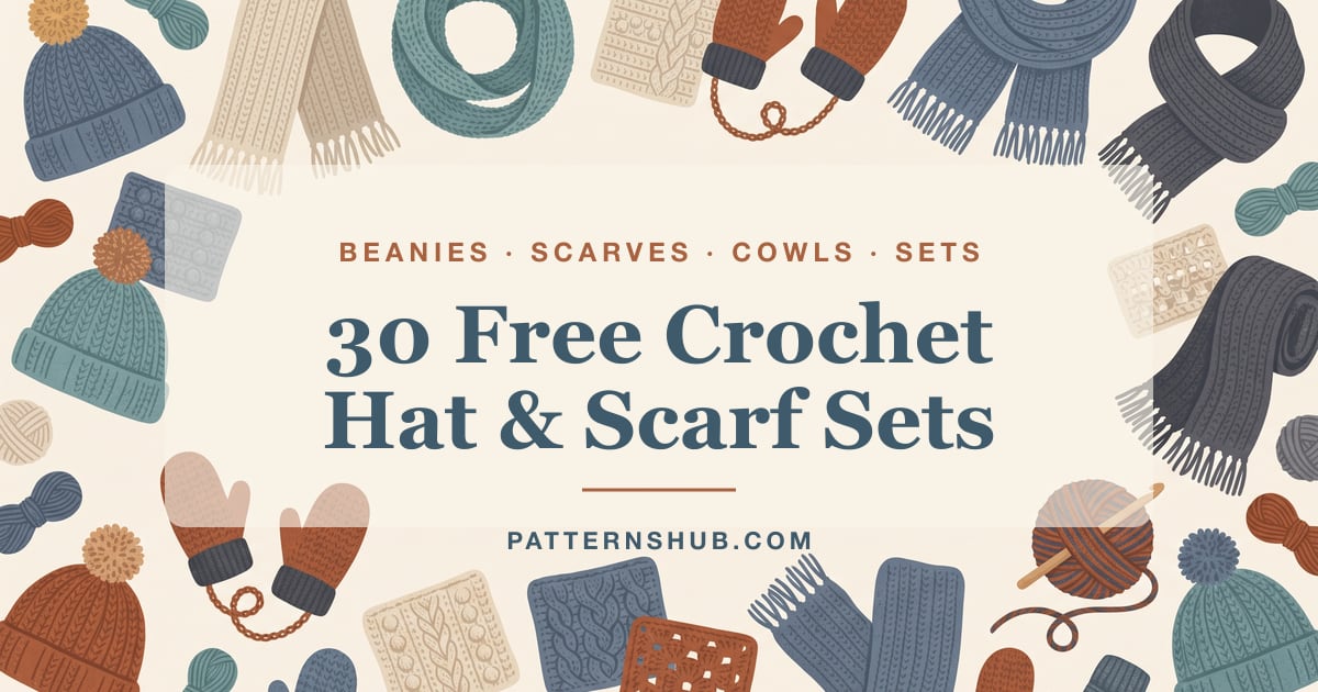 Illustrated free crochet hat and scarf set patterns roundup card