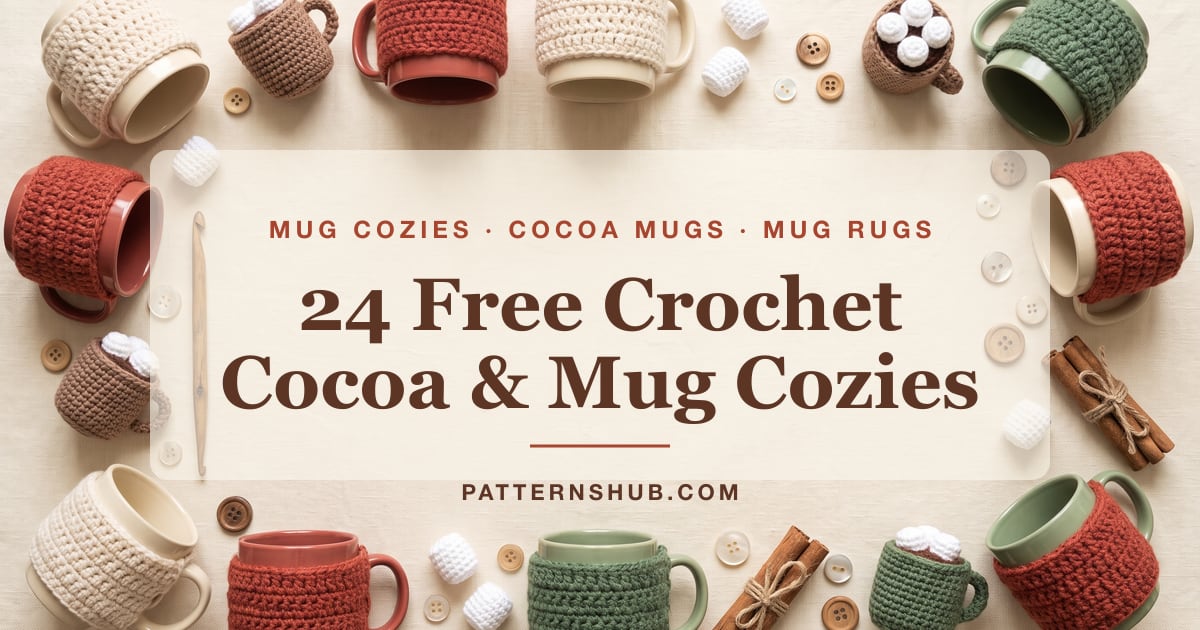 Illustrated crochet hot cocoa and mug cozy patterns roundup card
