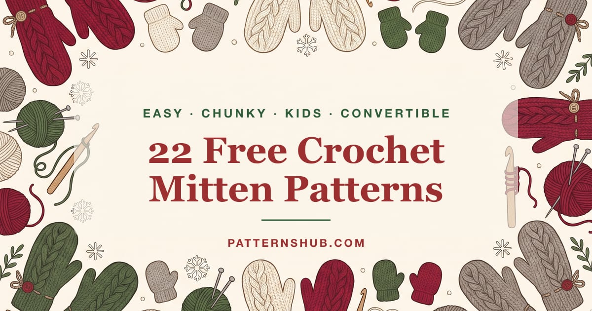 Illustrated crochet mitten patterns roundup card