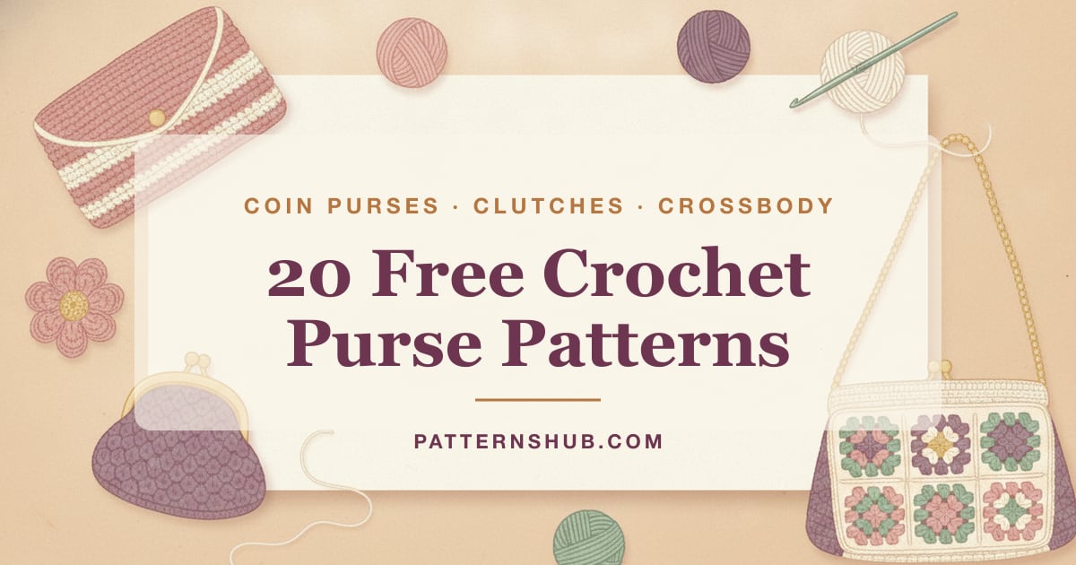 Illustrated crochet purse patterns roundup card with a clutch, coin purse and granny-square purse
