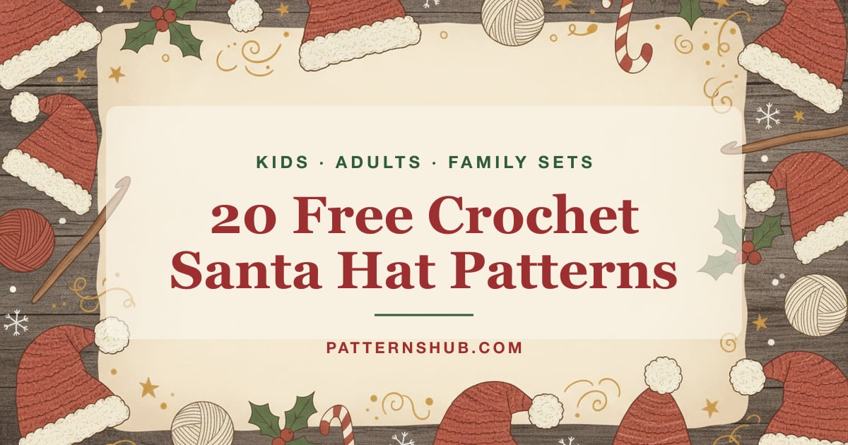 Illustrated crochet Santa hat patterns roundup card