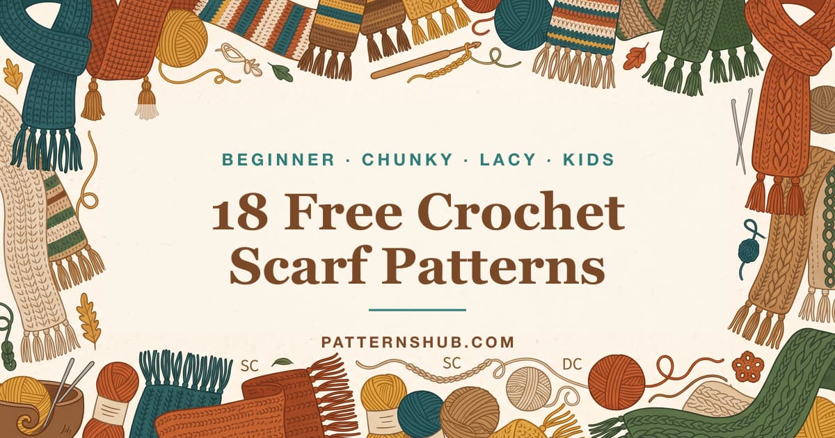 Illustrated crochet scarf patterns roundup card