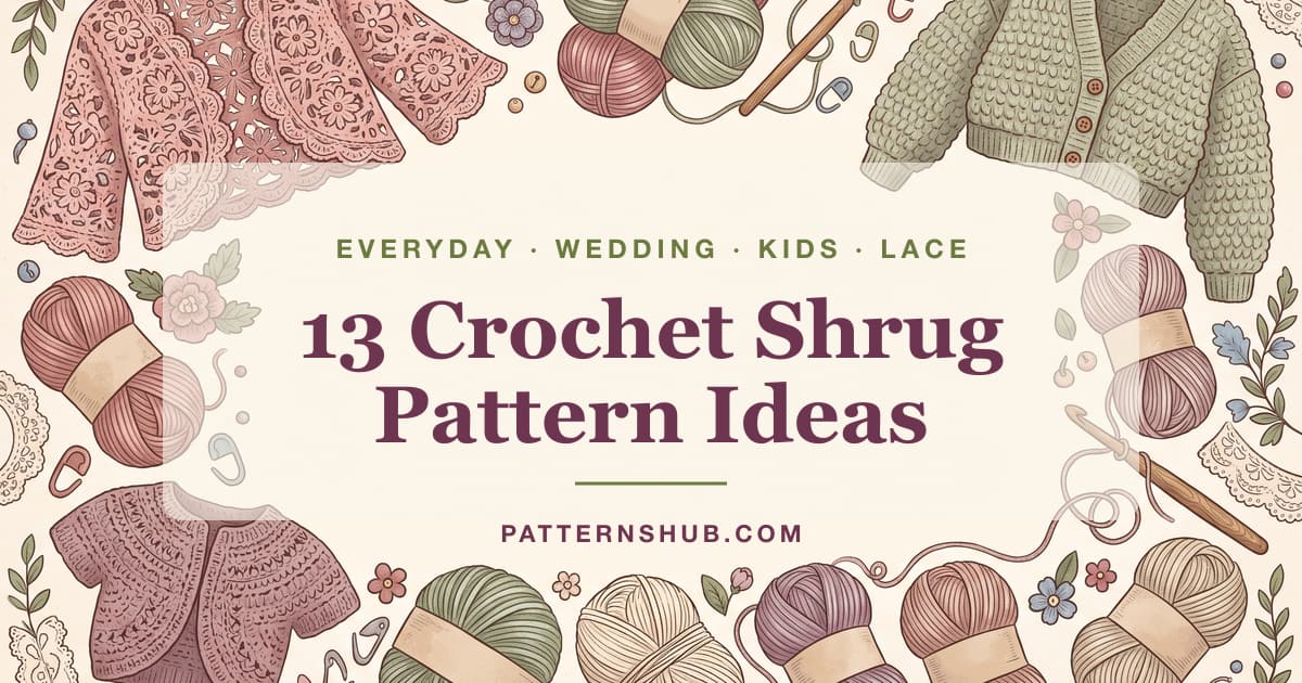 Illustrated crochet shrug patterns roundup card