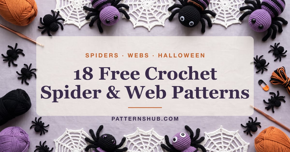 Illustrated crochet spider and web patterns roundup card