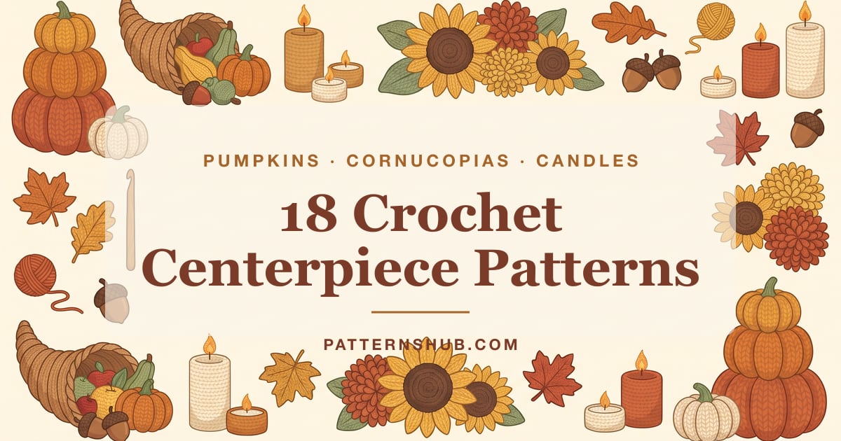 Illustrated crochet Thanksgiving centerpiece patterns roundup card