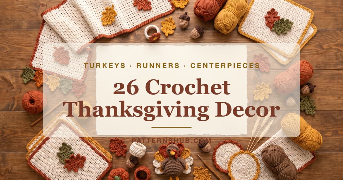 Illustrated crochet Thanksgiving table decor patterns roundup card