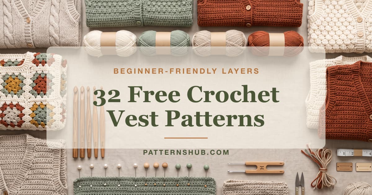 Illustrated crochet vest patterns roundup card
