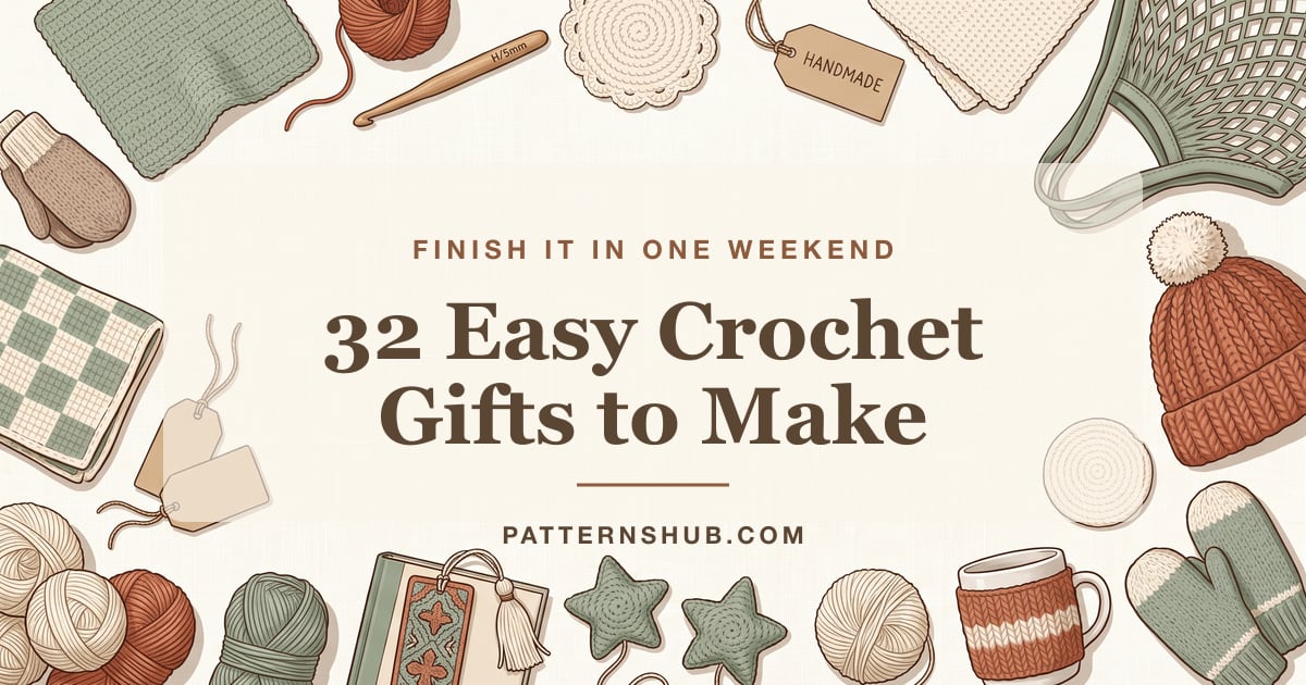 Illustrated quick crochet gift patterns roundup card