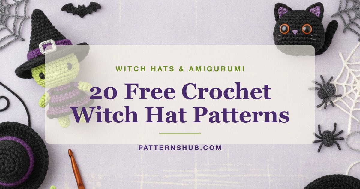 Illustrated crochet witch hat and Halloween amigurumi patterns roundup card