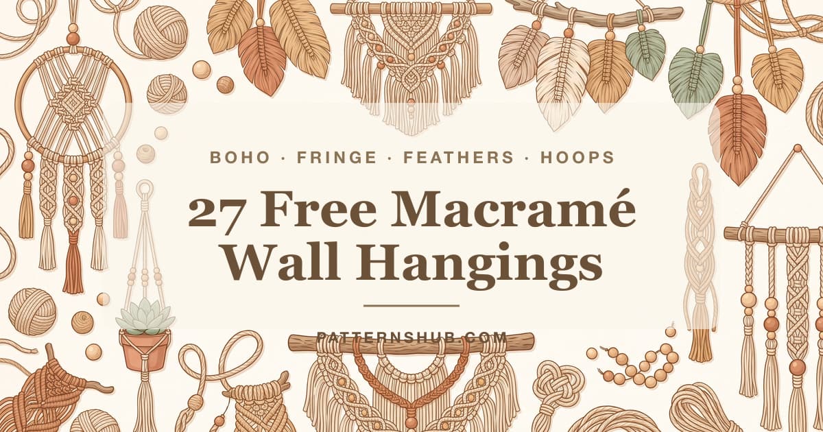 Illustrated macramé wall hanging patterns roundup card